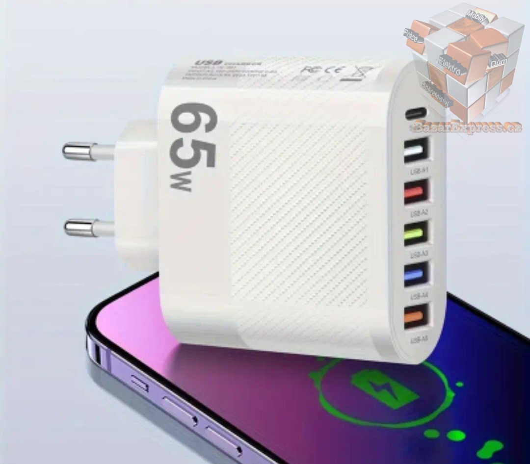 65W nabíječka s 1x USB-C a 5x USB