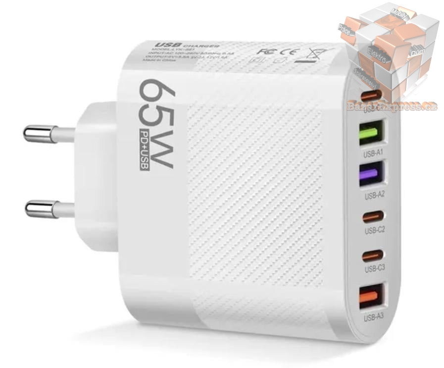 65W nabíječka s 1x USB-C a 5x USB