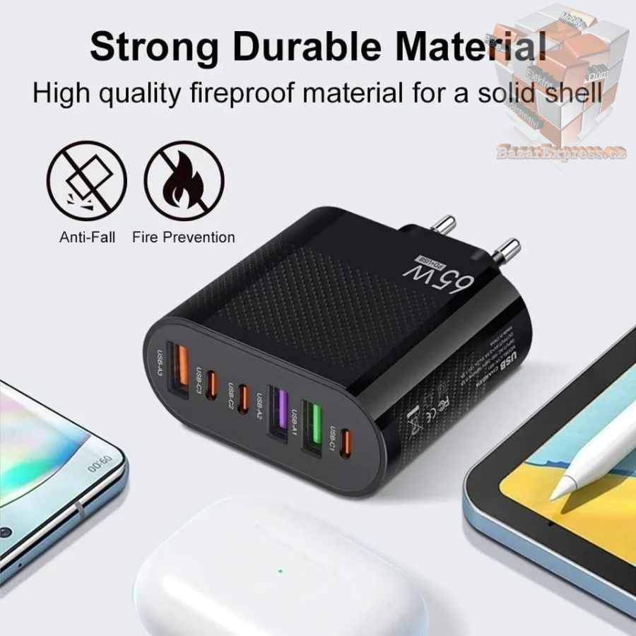 65W nabíječka s 1x USB-C a 5x USB