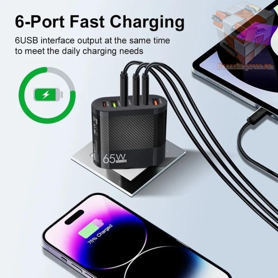 65W nabíječka s 1x USB-C a 5x USB
