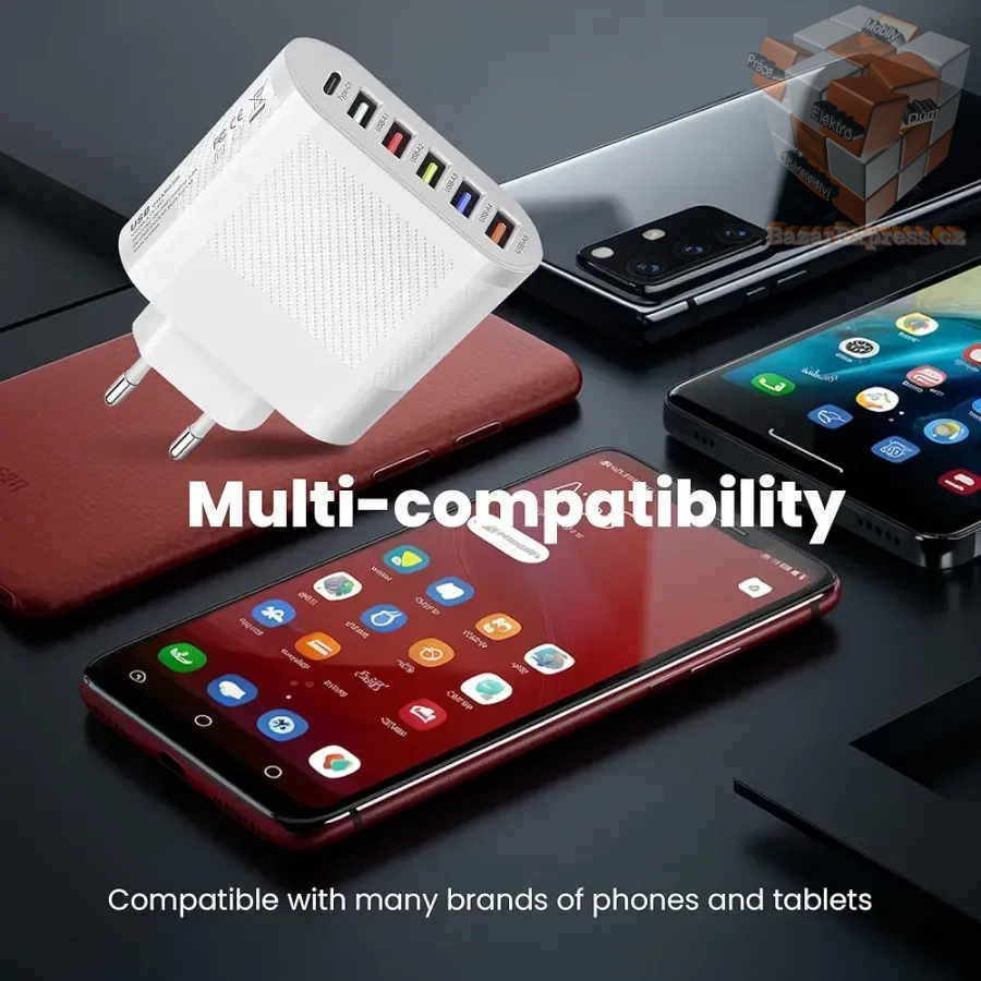 65W nabíječka s 1x USB-C a 5x USB