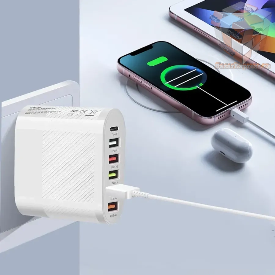 65W nabíječka s 1x USB-C a 5x USB