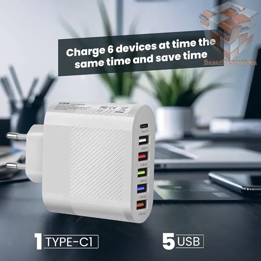 65W nabíječka s 1x USB-C a 5x USB
