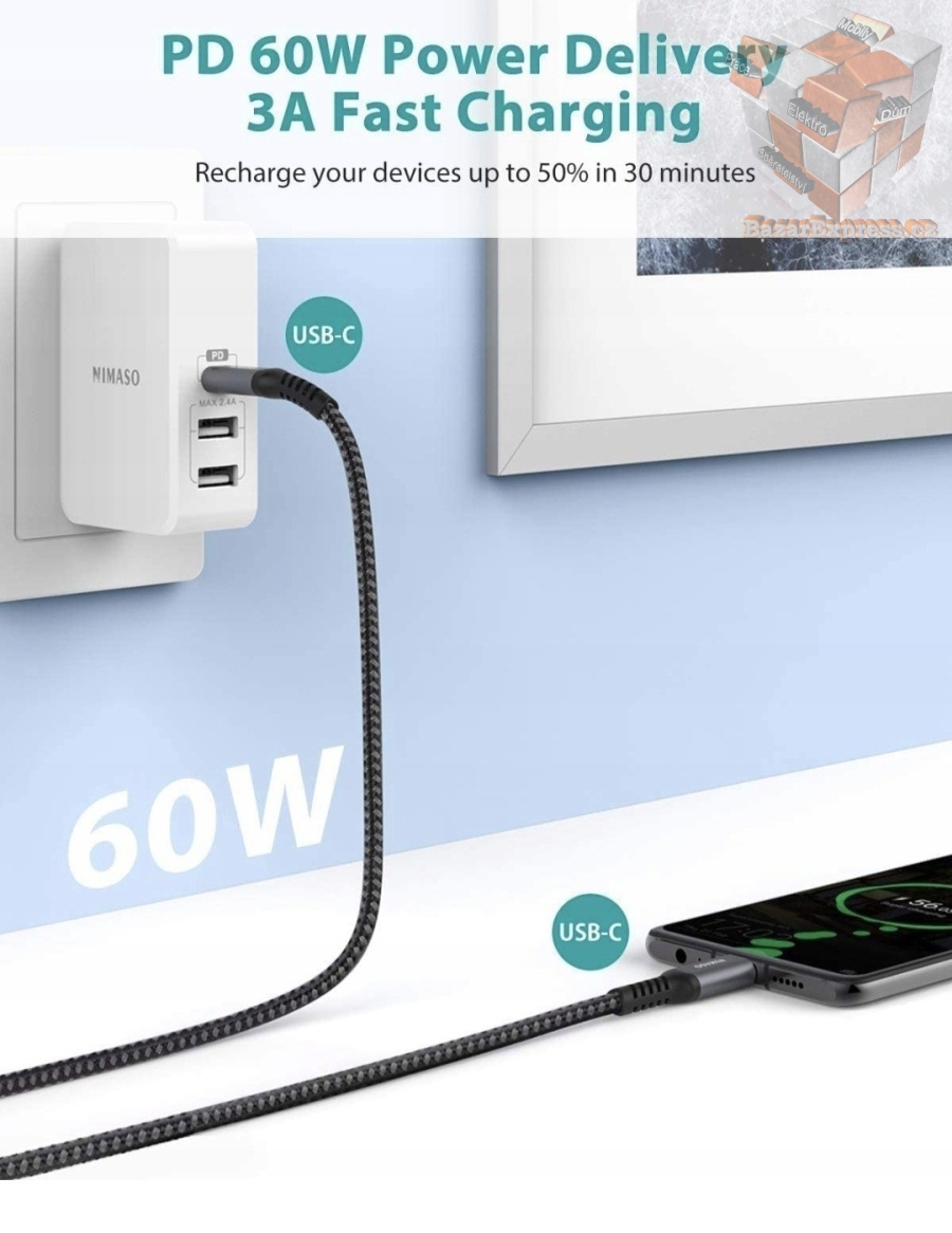 USB-C 3.0 kabel s rychlým nabíjením i přenosem dat